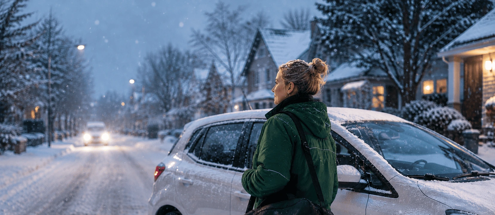 Pflegekraft im Wintereinsatz neben einem Fahrzeug – digitale Fahrerunterweisung für Pflegedienste