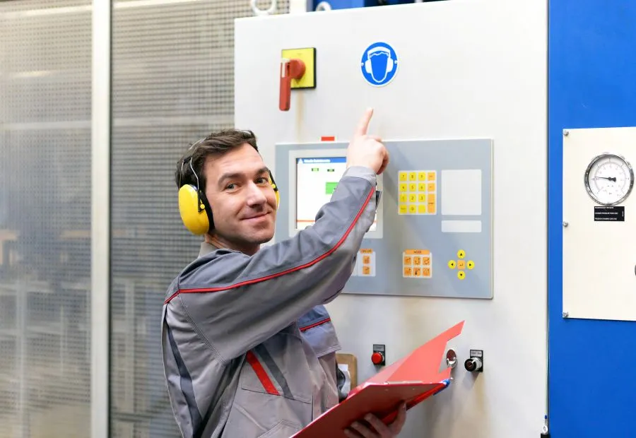 Mann kontrolliert Arbeitsmaschine
